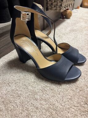 Jessica Simpson Navy Open-Toe Ankle-Strap Block Heels
